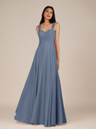 KissDress-Cerelia Neptune A Line V Neck Chiffon Long Bridesmaid Dress with Pleats