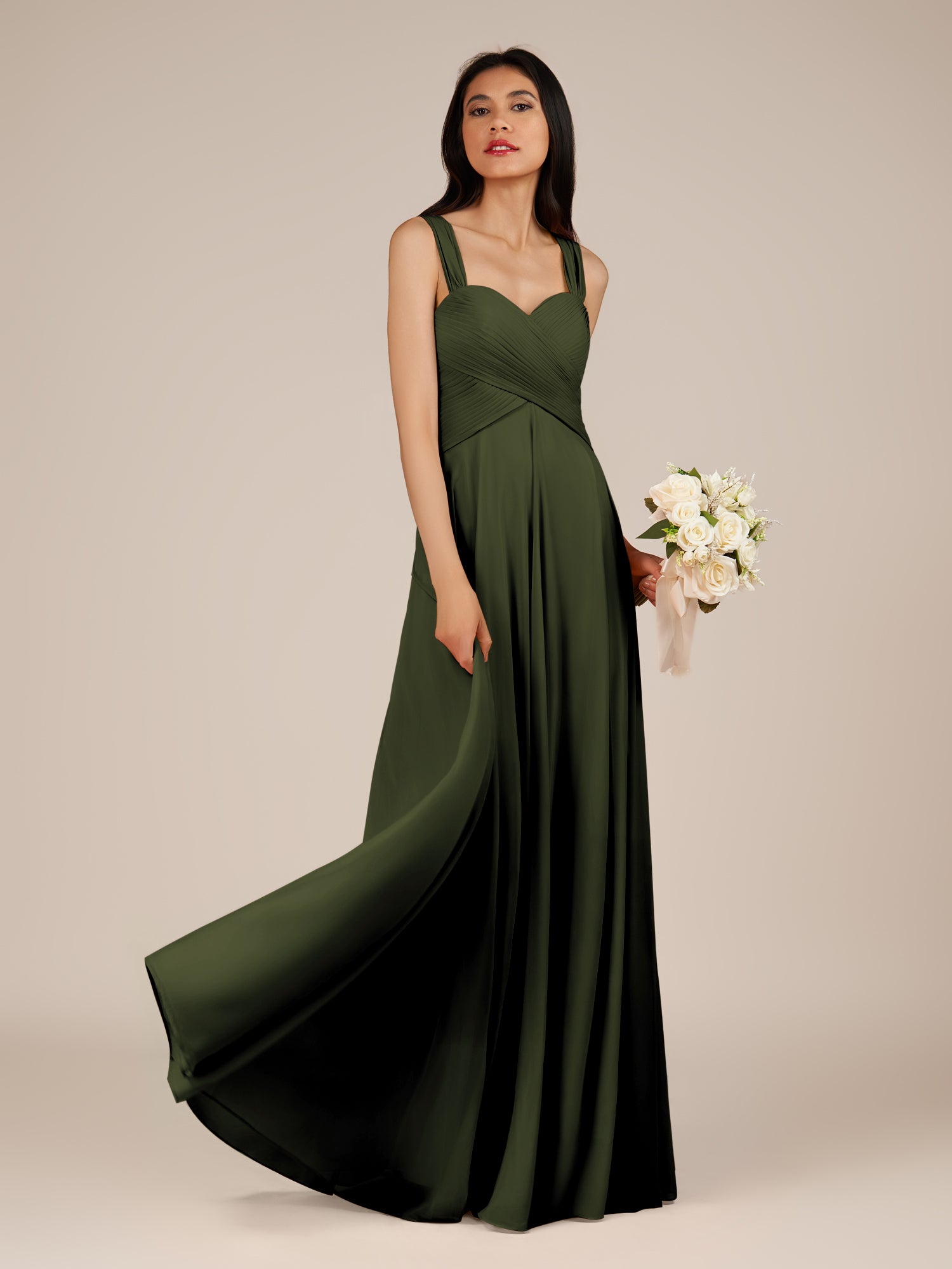 KissDress-Cerelia Olive A Line V Neck Chiffon Long Bridesmaid Dress with Pleats