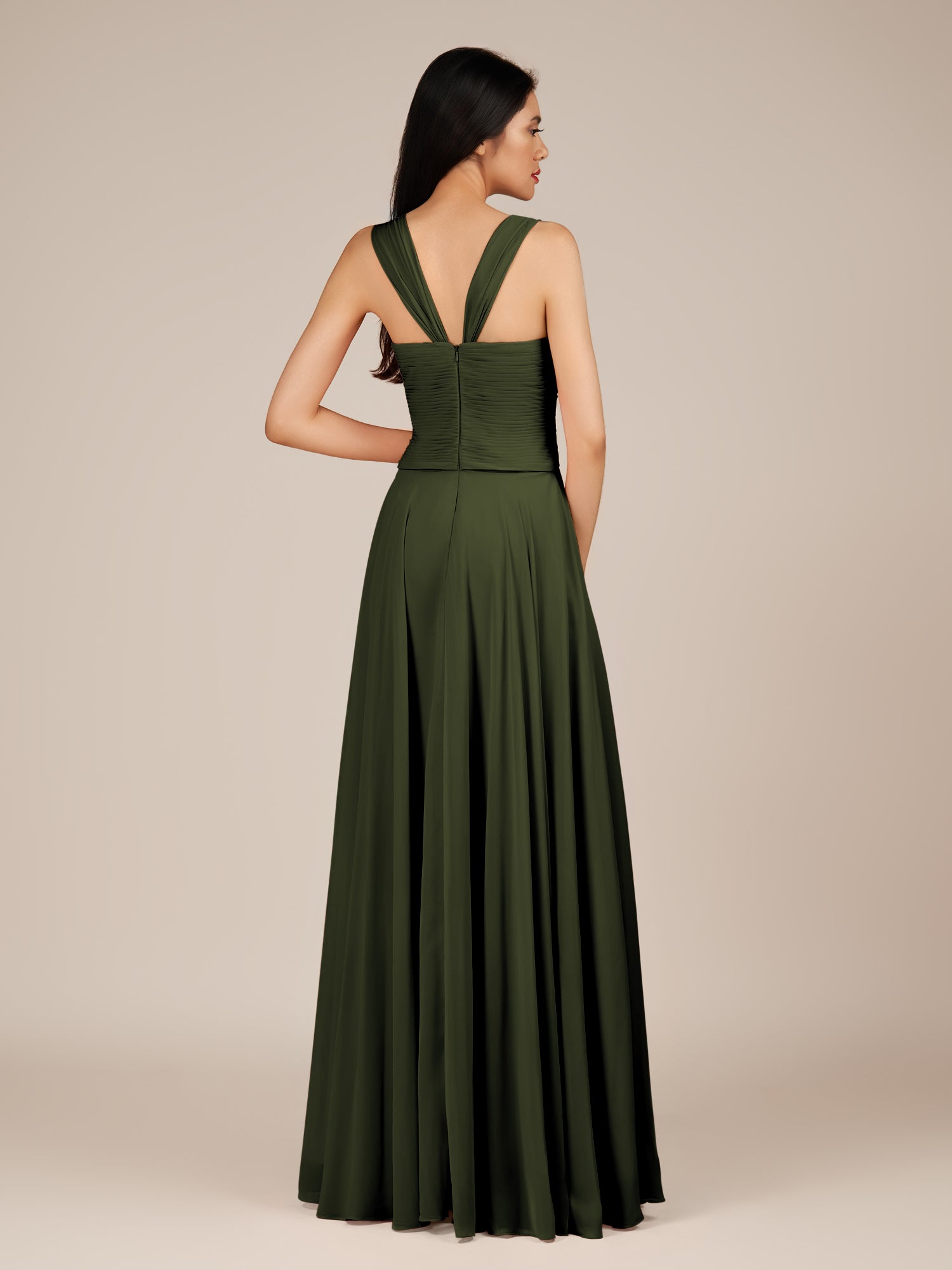 KissDress-Cerelia Olive A Line V Neck Chiffon Long Bridesmaid Dress with Pleats
