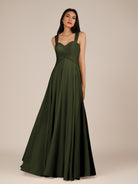 KissDress-Cerelia Olive A Line V Neck Chiffon Long Bridesmaid Dress with Pleats