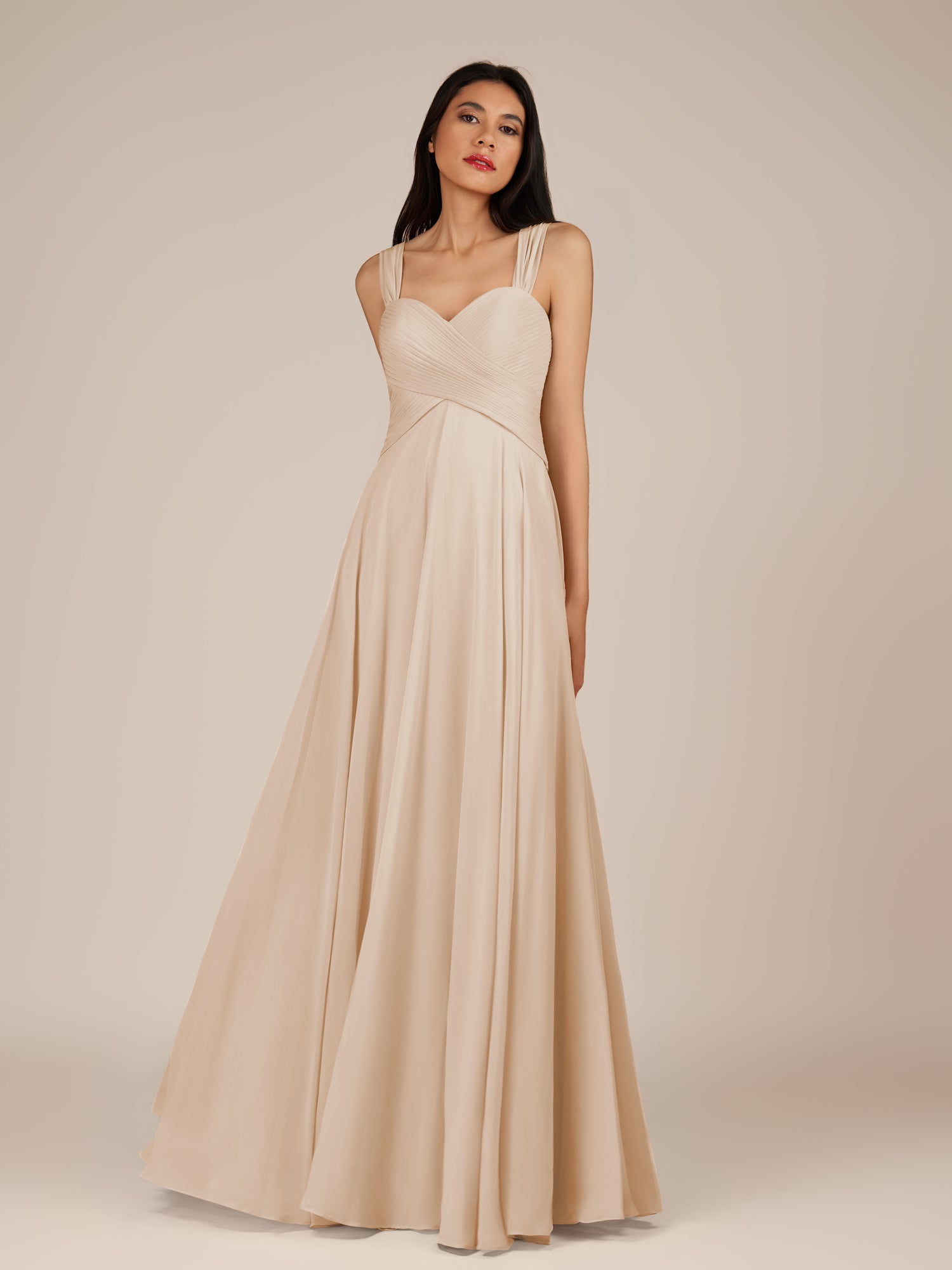 KissDress-Cerelia Pale Blush A Line V Neck Chiffon Long Bridesmaid Dress with Pleats