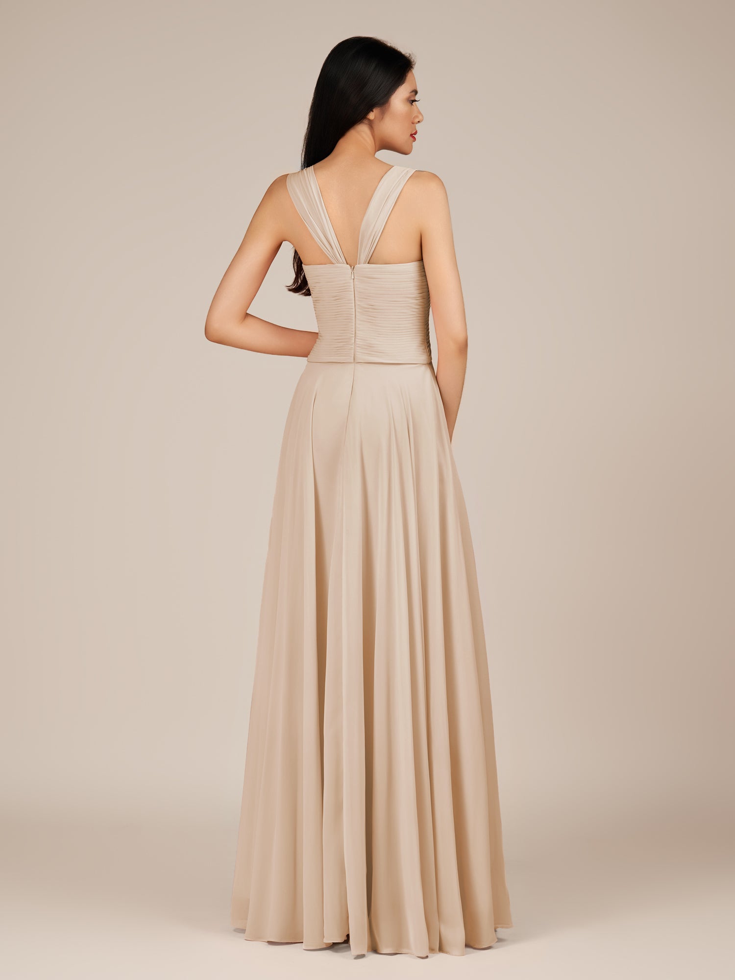 KissDress-Cerelia Pale Blush A Line V Neck Chiffon Long Bridesmaid Dress with Pleats