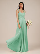 KissDress-Cerelia Pale Pistachio A Line V Neck Chiffon Long Bridesmaid Dress with Pleats