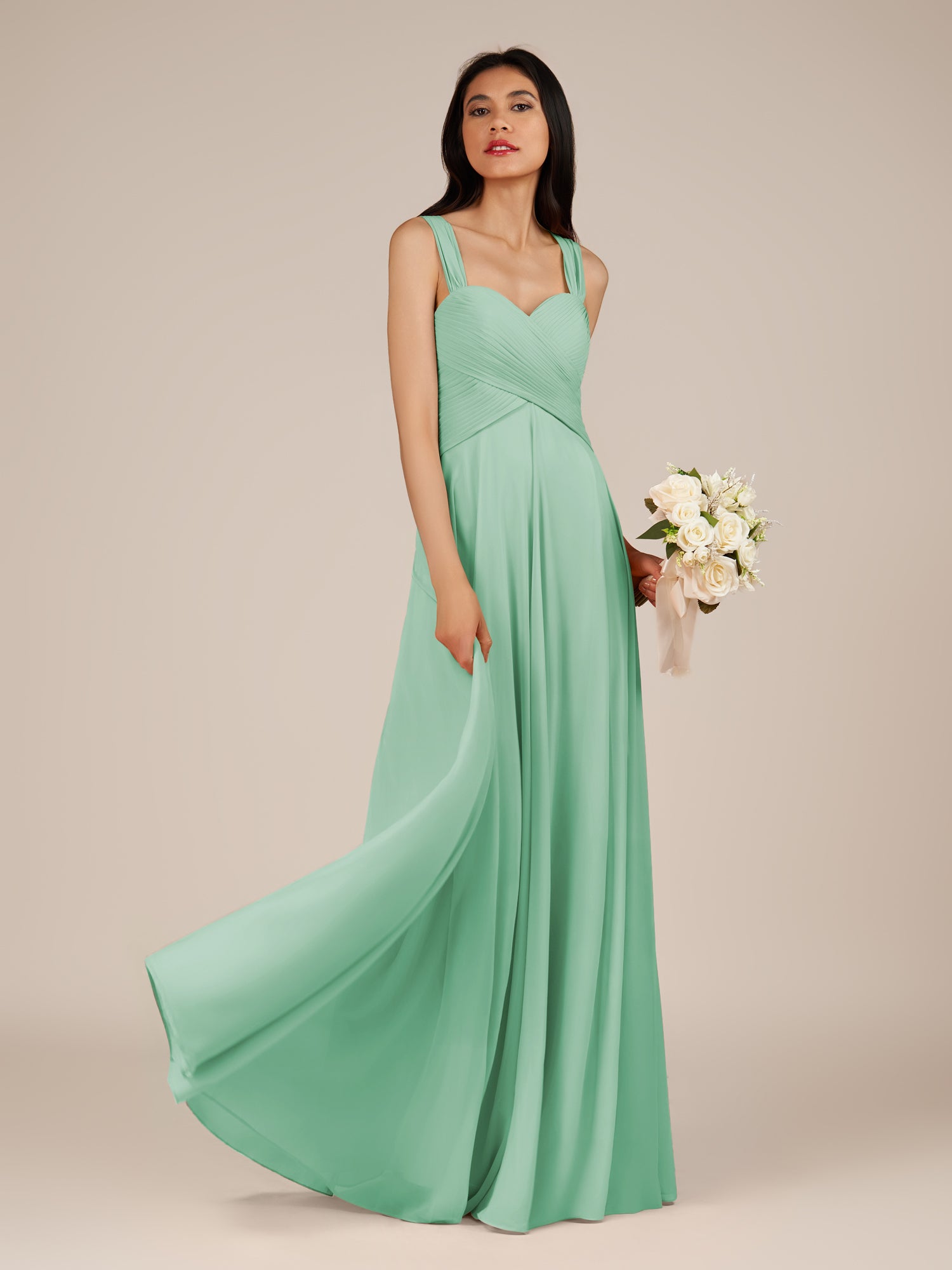 KissDress-Cerelia Pale Pistachio A Line V Neck Chiffon Long Bridesmaid Dress with Pleats