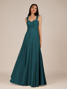 KissDress-Cerelia Pine A Line V Neck Chiffon Long Bridesmaid Dress with Pleats