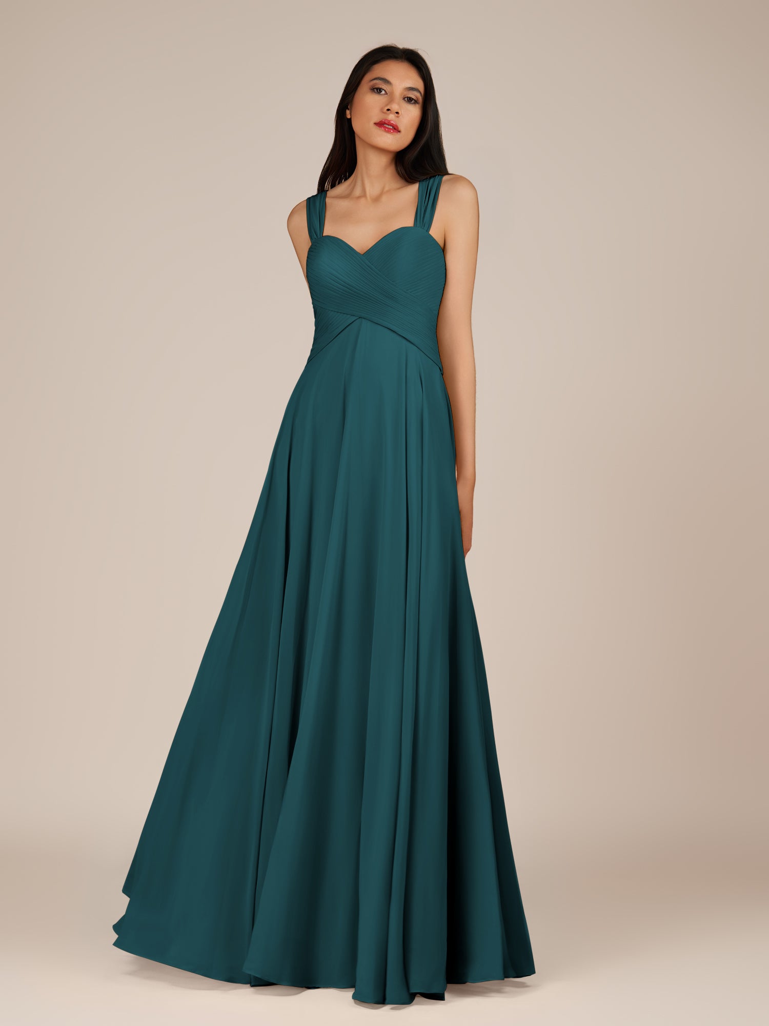 KissDress-Cerelia Pine A Line V Neck Chiffon Long Bridesmaid Dress with Pleats