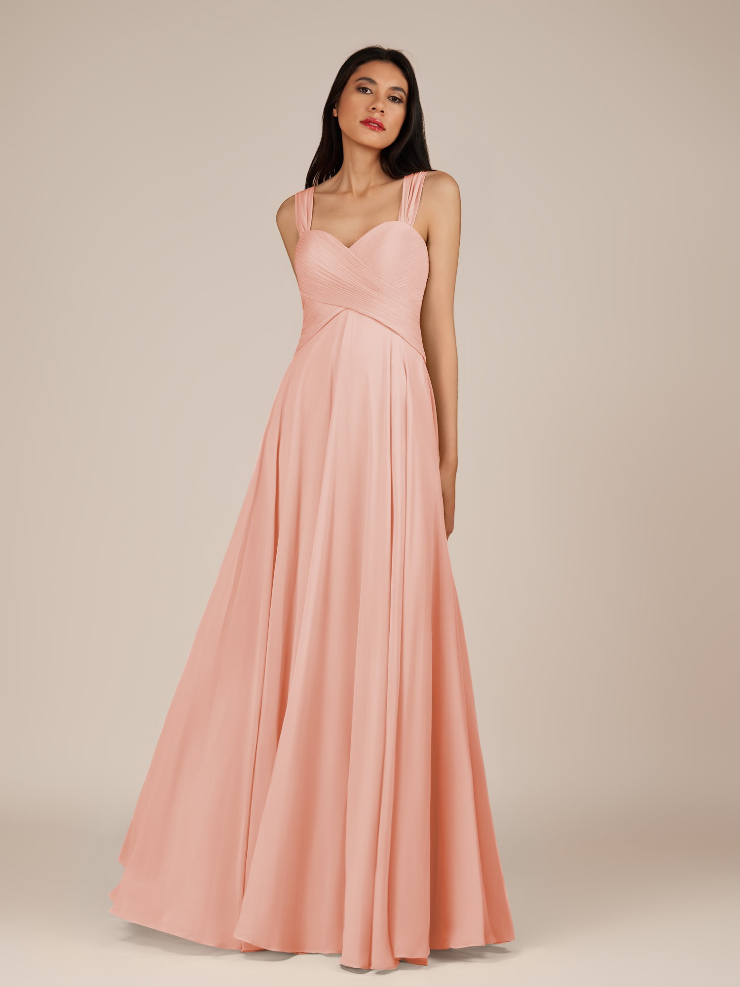 KissDress-Cerelia Rose Petal A Line V Neck Chiffon Long Bridesmaid Dress with Pleats