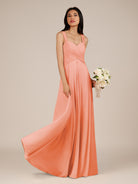 KissDress-Cerelia Rosette A Line V Neck Chiffon Long Bridesmaid Dress with Pleats
