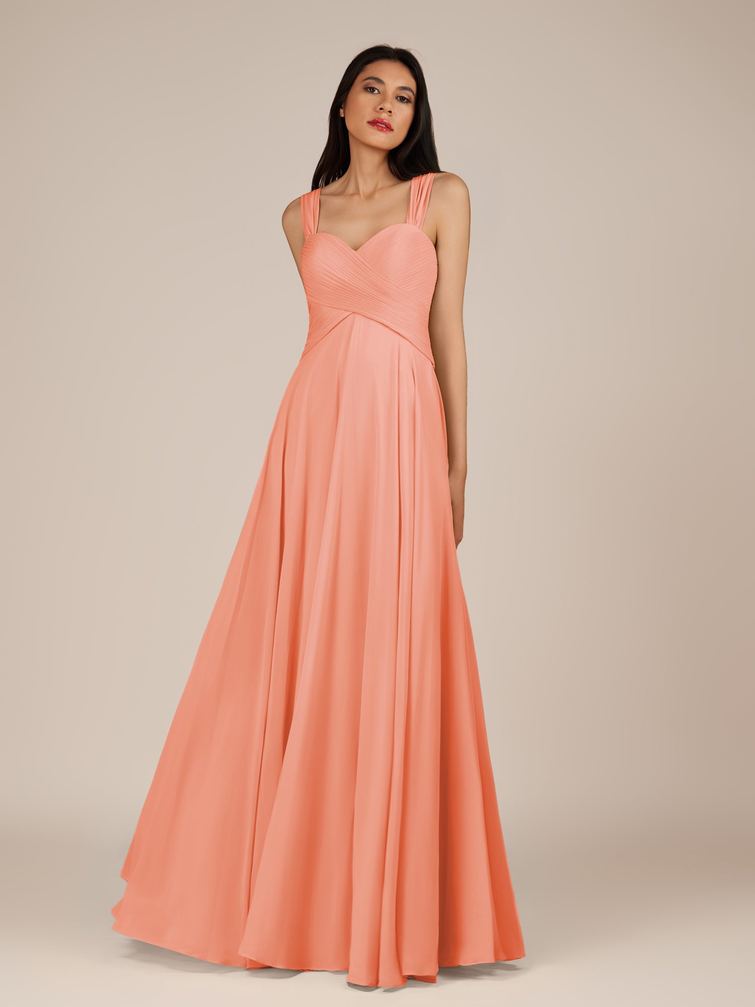 KissDress-Cerelia Rosette A Line V Neck Chiffon Long Bridesmaid Dress with Pleats