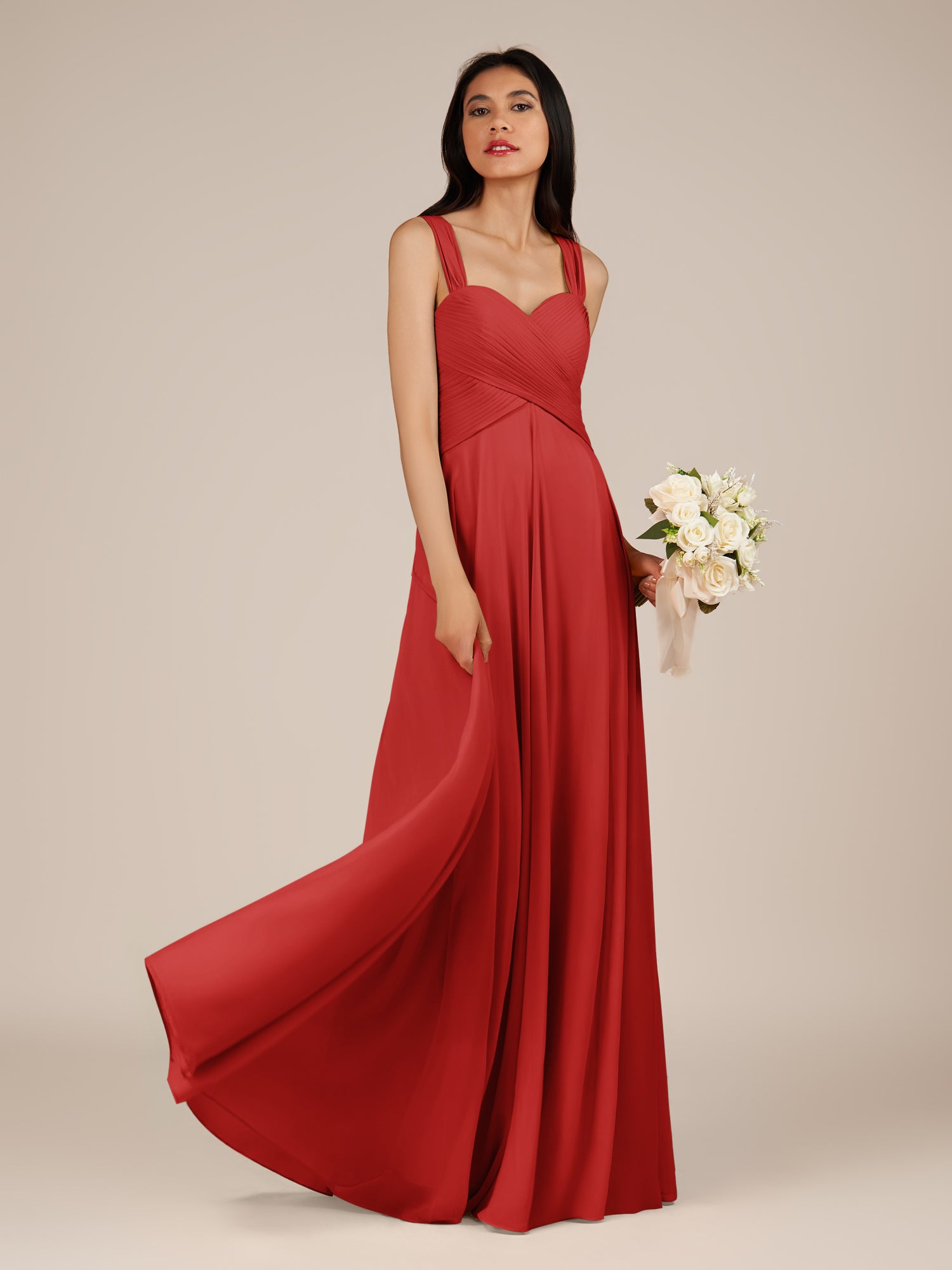 KissDress-Cerelia Ruby Red A Line V Neck Chiffon Long Bridesmaid Dress with Pleats