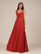 KissDress-Cerelia Ruby Red A Line V Neck Chiffon Long Bridesmaid Dress with Pleats