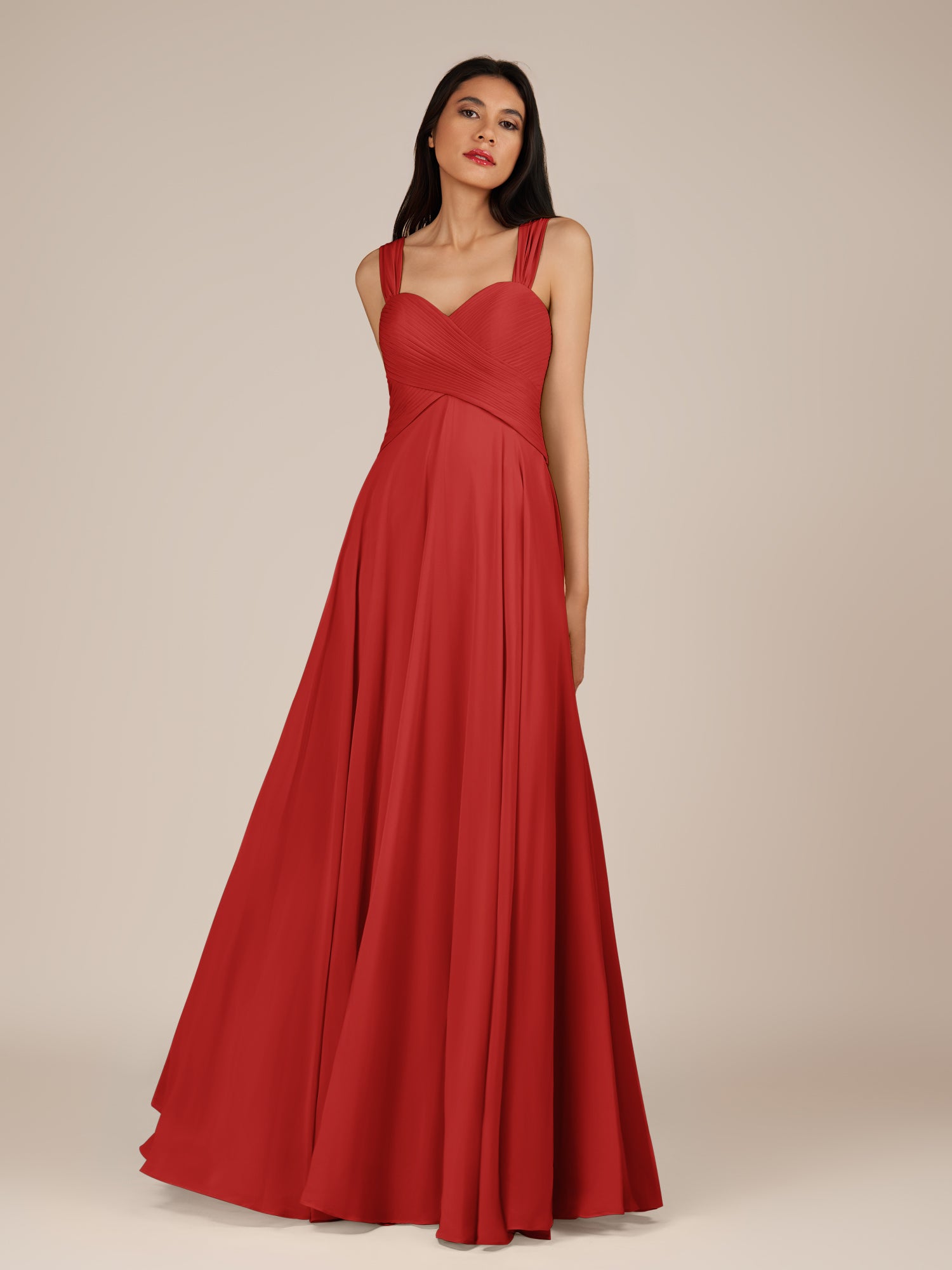 KissDress-Cerelia Ruby Red A Line V Neck Chiffon Long Bridesmaid Dress with Pleats