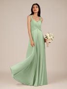 KissDress-Cerelia Sage A Line V Neck Chiffon Long Bridesmaid Dress with Pleats