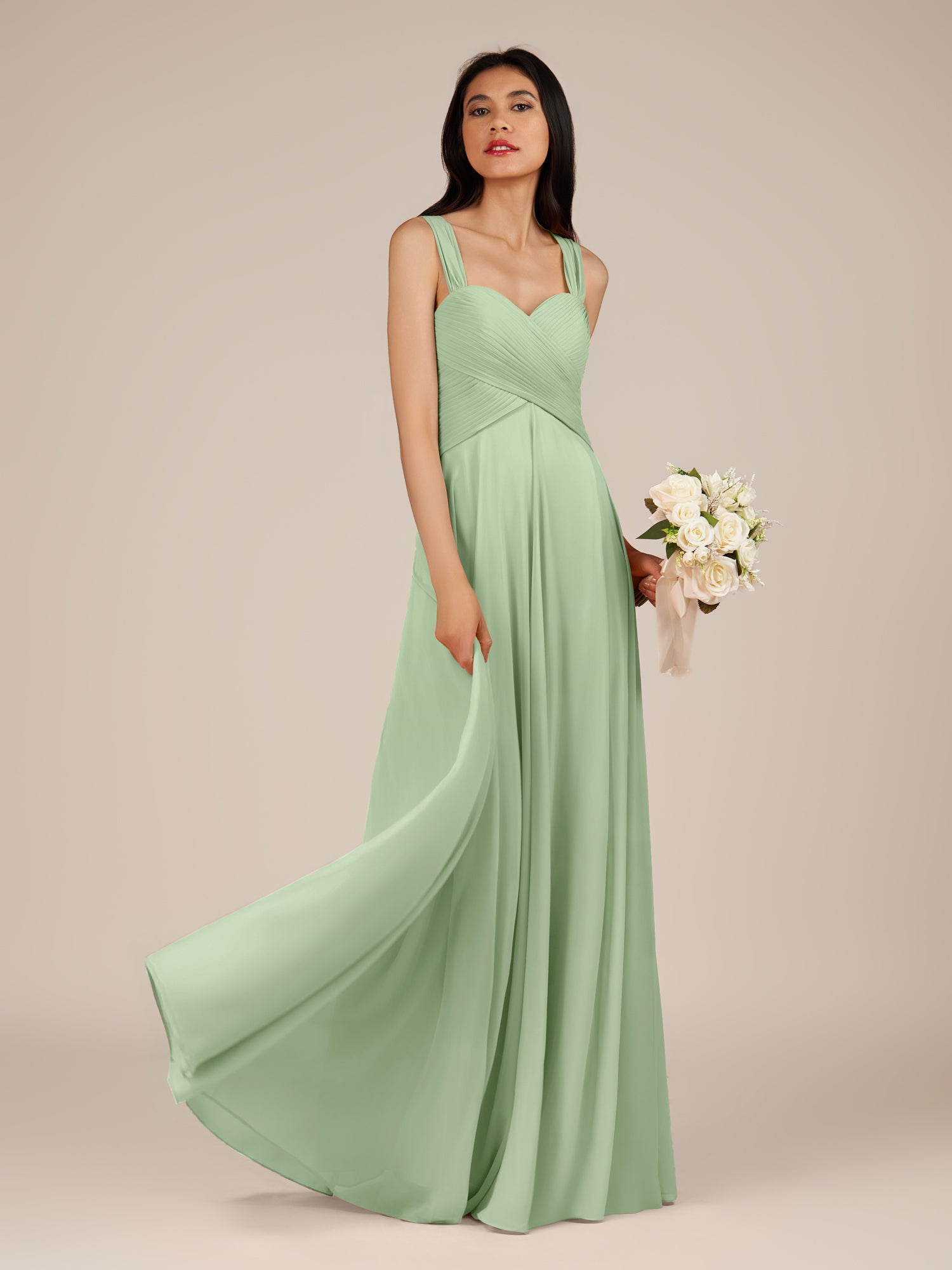 KissDress-Cerelia Sage A Line V Neck Chiffon Long Bridesmaid Dress with Pleats