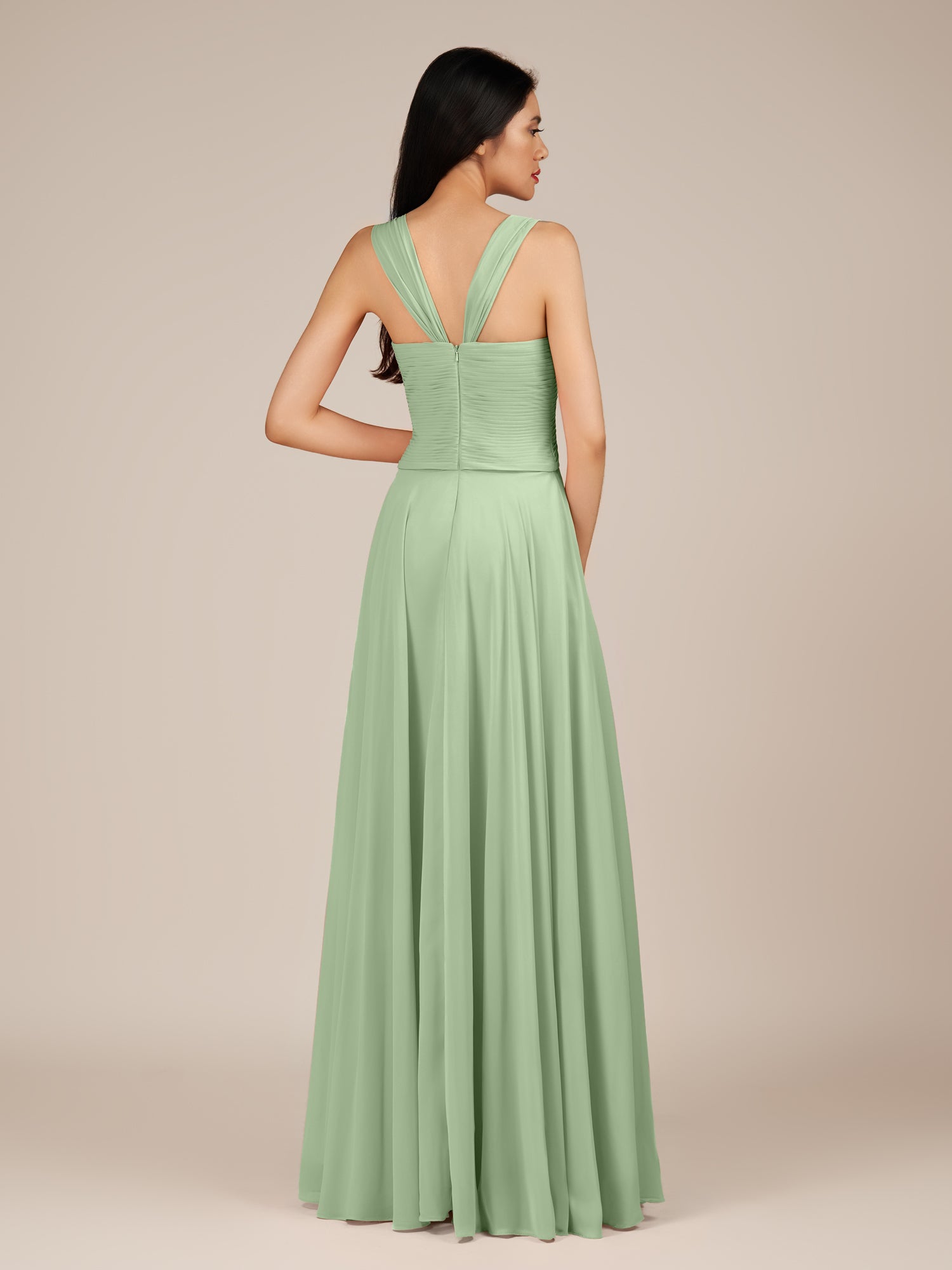 KissDress-Cerelia Sage A Line V Neck Chiffon Long Bridesmaid Dress with Pleats