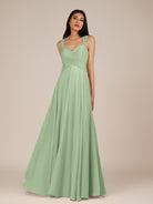 KissDress-Cerelia Sage A Line V Neck Chiffon Long Bridesmaid Dress with Pleats