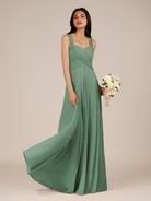 KissDress-Cerelia Sea Glass A Line V Neck Chiffon Long Bridesmaid Dress with Pleats