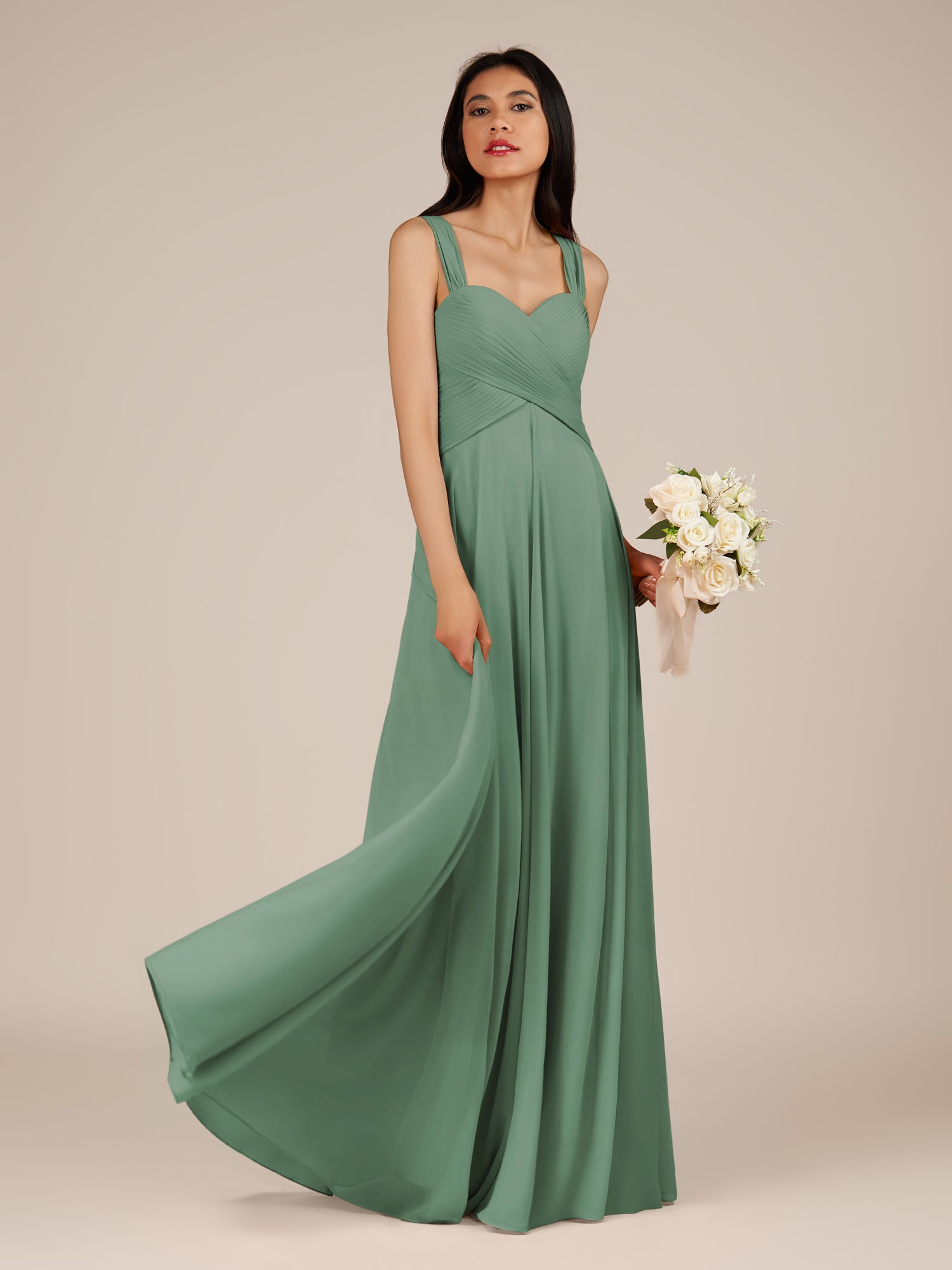 KissDress-Cerelia Sea Glass A Line V Neck Chiffon Long Bridesmaid Dress with Pleats