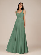 KissDress-Cerelia Sea Glass A Line V Neck Chiffon Long Bridesmaid Dress with Pleats