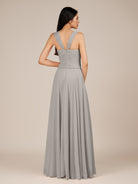 KissDress-Cerelia Silver A Line V Neck Chiffon Long Bridesmaid Dress with Pleats