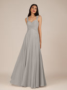 KissDress-Cerelia Silver A Line V Neck Chiffon Long Bridesmaid Dress with Pleats