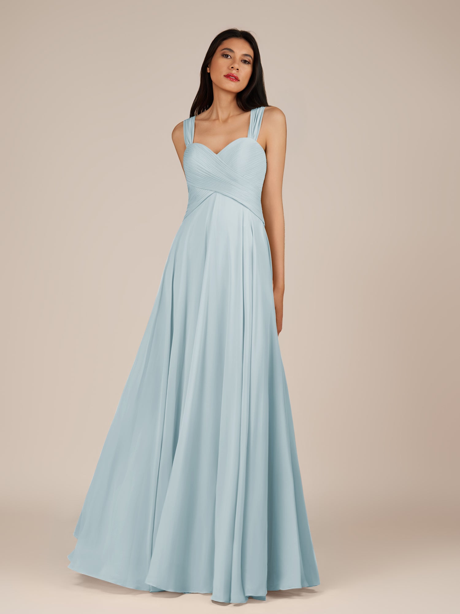 KissDress-Cerelia Sky Blue A Line V Neck Chiffon Long Bridesmaid Dress with Pleats
