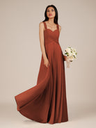 KissDress-Cerelia Spice A Line V Neck Chiffon Long Bridesmaid Dress with Pleats