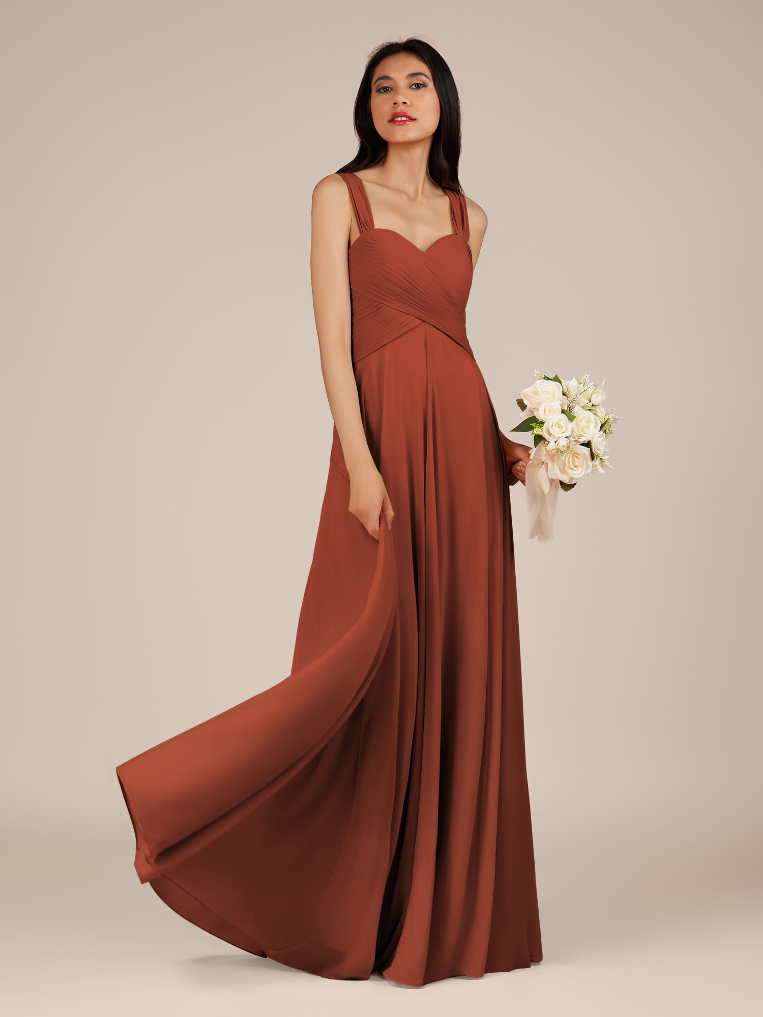 KissDress-Cerelia Spice A Line V Neck Chiffon Long Bridesmaid Dress with Pleats