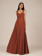 KissDress-Cerelia Spice A Line V Neck Chiffon Long Bridesmaid Dress with Pleats