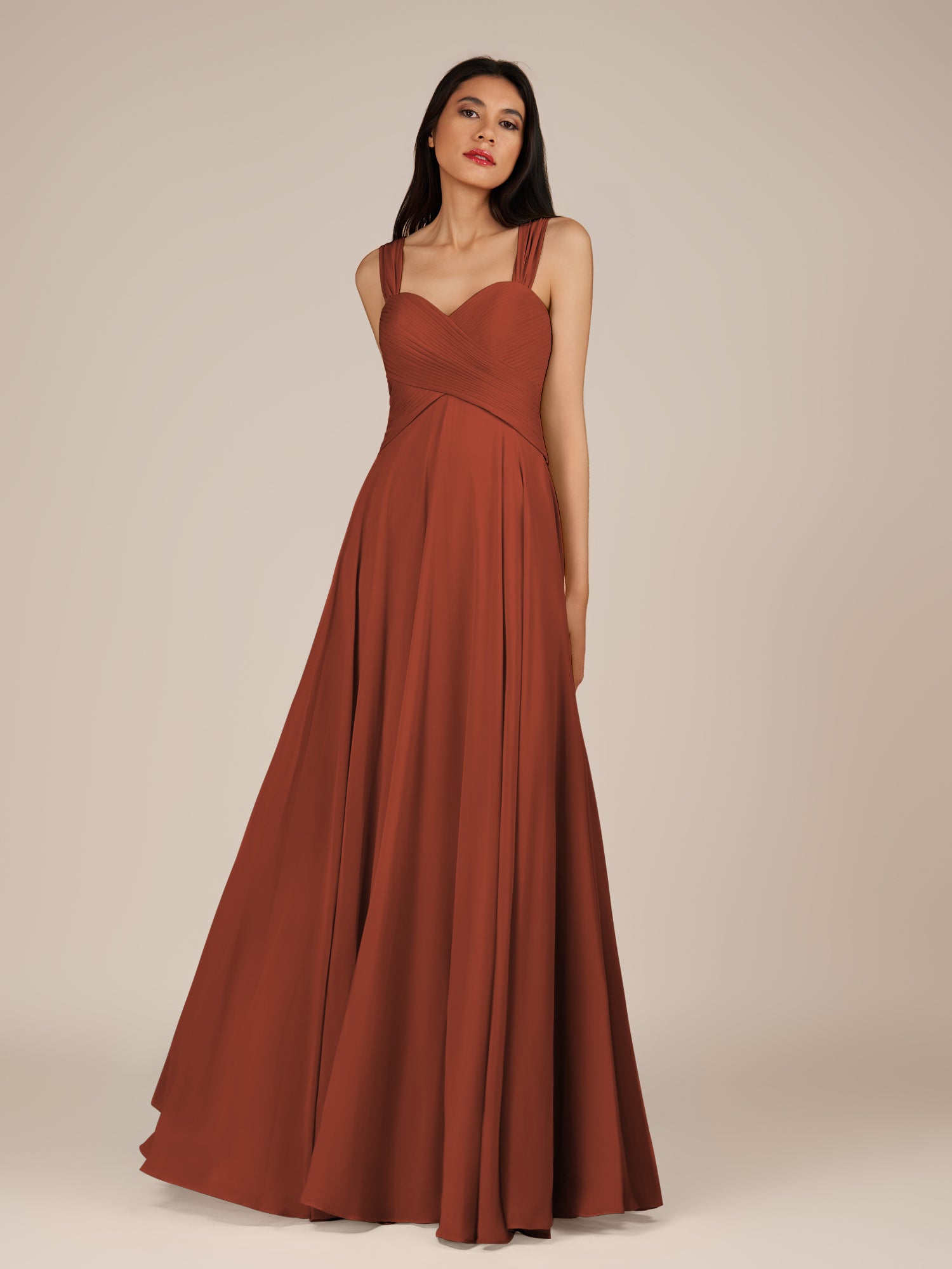 KissDress-Cerelia Spice A Line V Neck Chiffon Long Bridesmaid Dress with Pleats