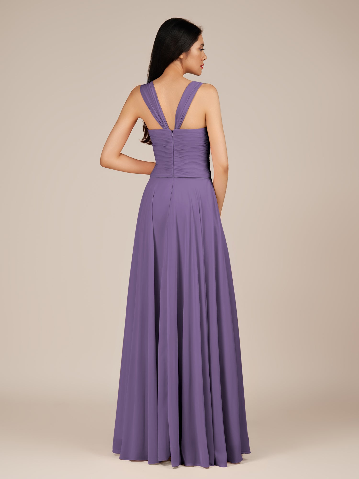 KissDress-Cerelia Tahiti A Line V Neck Chiffon Long Bridesmaid Dress with Pleats