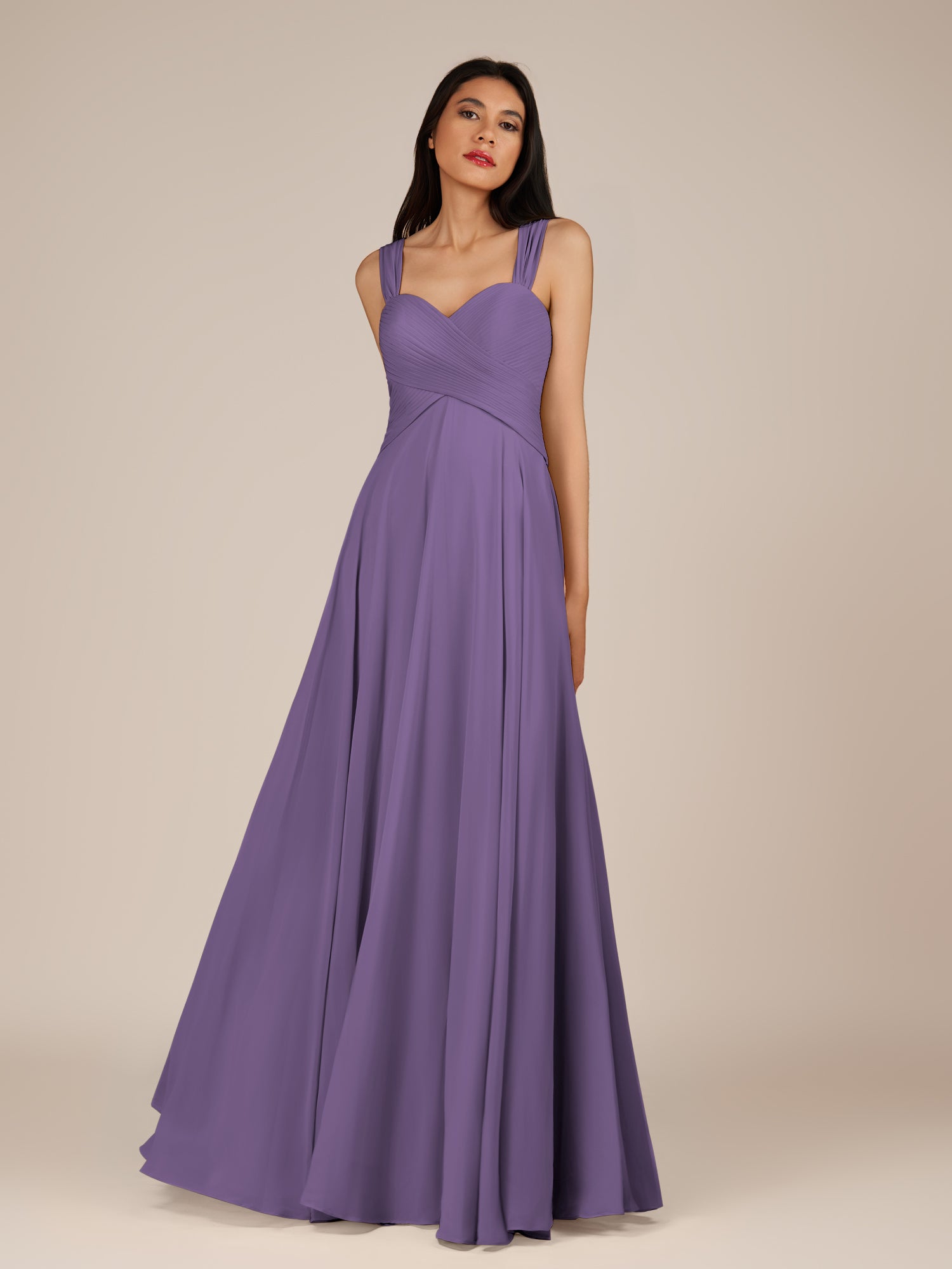 KissDress-Cerelia Tahiti A Line V Neck Chiffon Long Bridesmaid Dress with Pleats