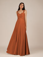 KissDress-Cerelia Terracotta A Line V Neck Chiffon Long Bridesmaid Dress with Pleats
