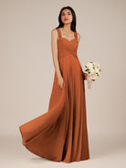 KissDress-Cerelia Terracotta A Line V Neck Chiffon Long Bridesmaid Dress with Pleats