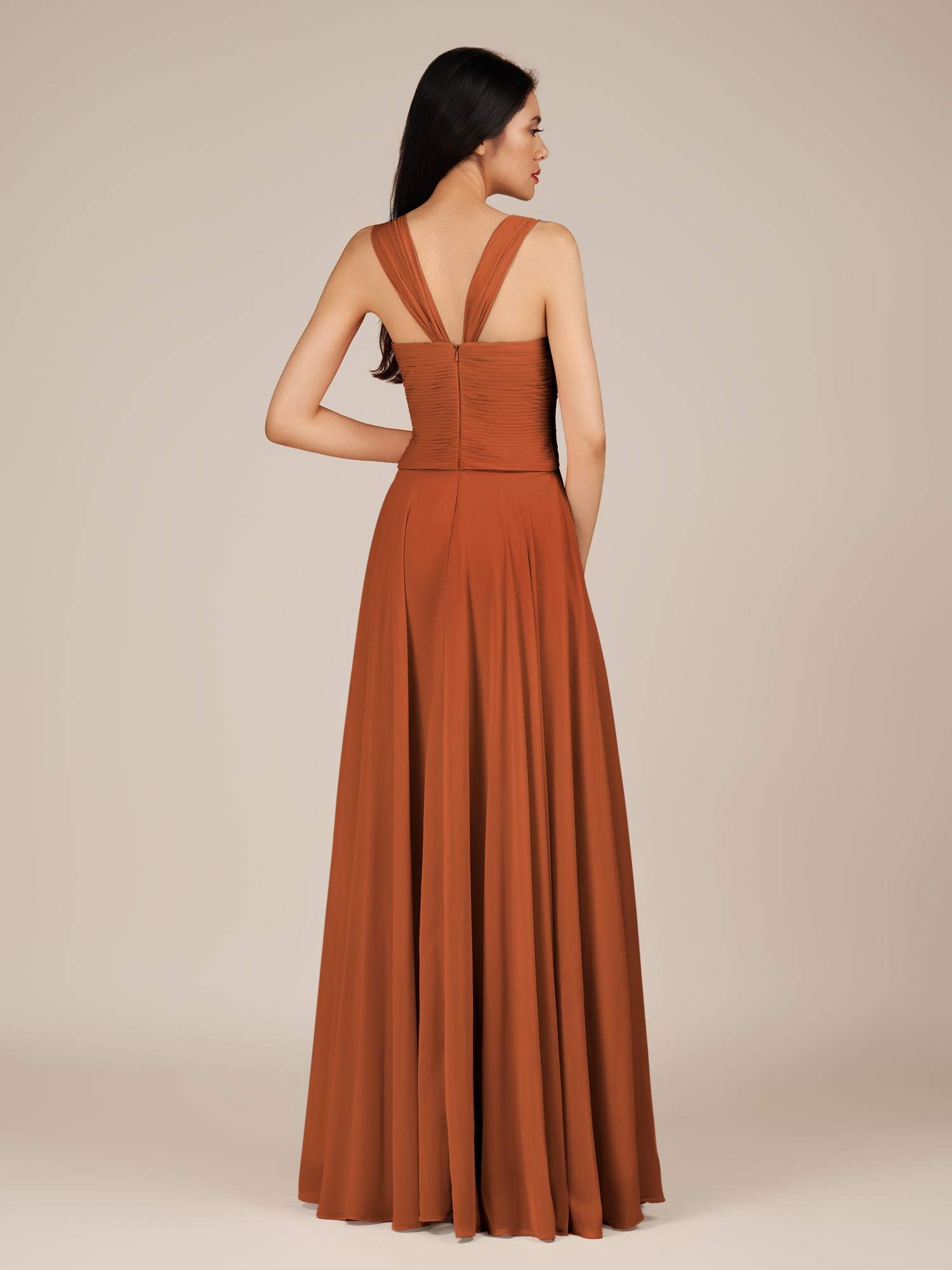 KissDress-Cerelia Terracotta A Line V Neck Chiffon Long Bridesmaid Dress with Pleats