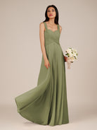 KissDress-Cerelia Thyme A Line V Neck Chiffon Long Bridesmaid Dress with Pleats