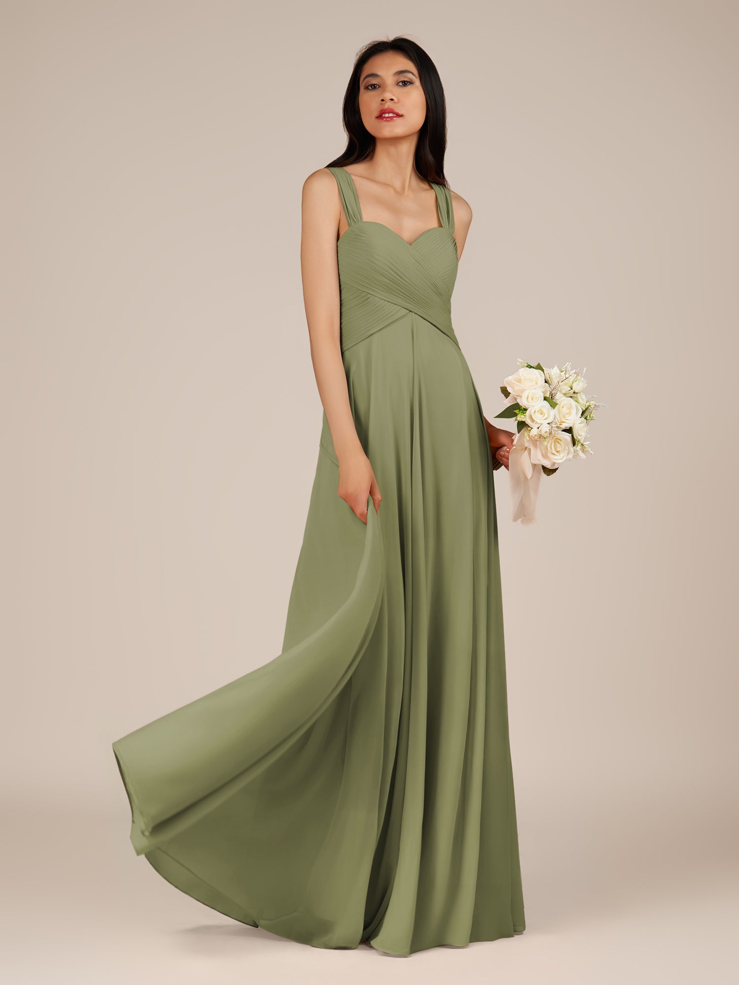 KissDress-Cerelia Thyme A Line V Neck Chiffon Long Bridesmaid Dress with Pleats