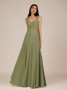 KissDress-Cerelia Thyme A Line V Neck Chiffon Long Bridesmaid Dress with Pleats