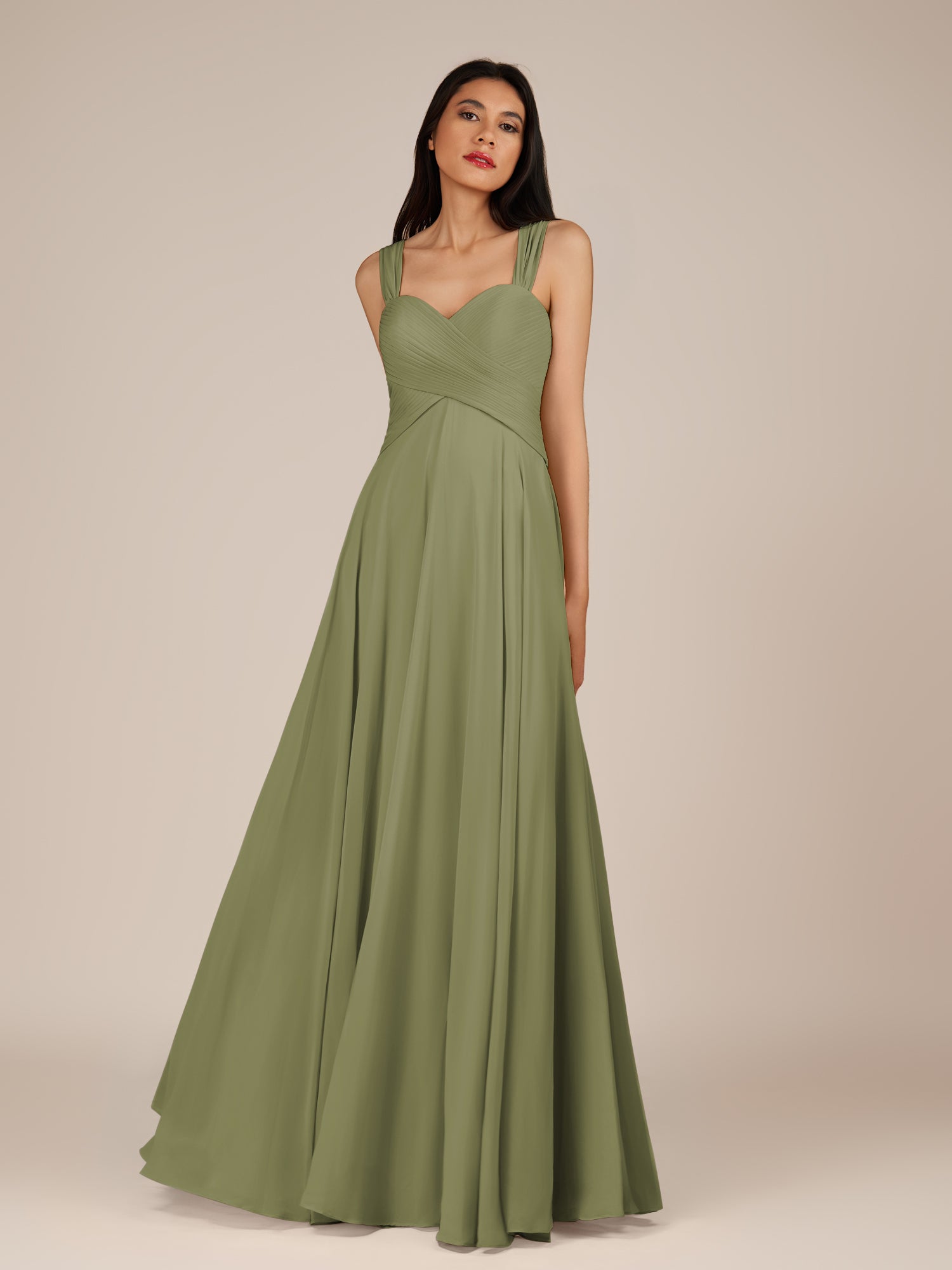KissDress-Cerelia Thyme A Line V Neck Chiffon Long Bridesmaid Dress with Pleats