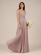 KissDress-Cerelia Toffee A Line V Neck Chiffon Long Bridesmaid Dress with Pleats