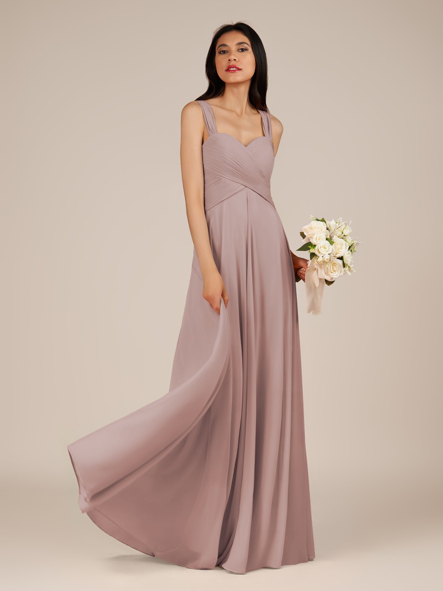 KissDress-Cerelia Toffee A Line V Neck Chiffon Long Bridesmaid Dress with Pleats