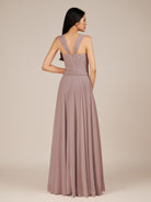 KissDress-Cerelia Toffee A Line V Neck Chiffon Long Bridesmaid Dress with Pleats