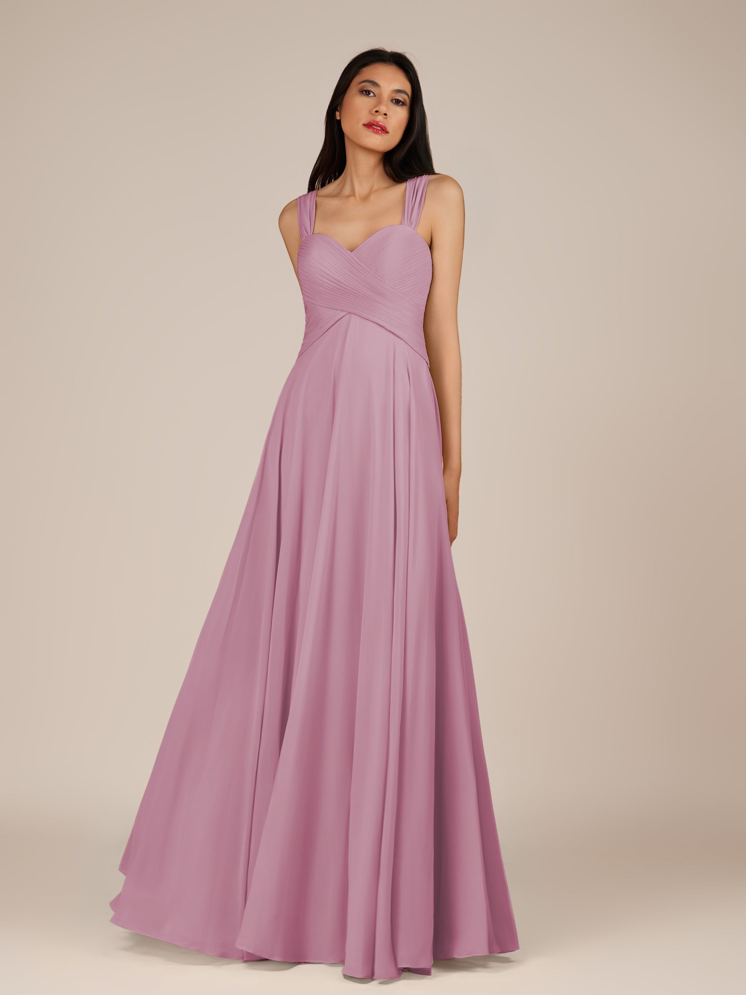 KissDress-Cerelia Vintage Mauve A Line V Neck Chiffon Long Bridesmaid Dress with Pleats