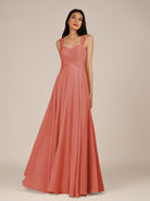 KissDress-Cerelia Wild Rose A Line V Neck Chiffon Long Bridesmaid Dress with Pleats