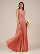 KissDress-Cerelia Wild Rose A Line V Neck Chiffon Long Bridesmaid Dress with Pleats