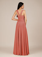 KissDress-Cerelia Wild Rose A Line V Neck Chiffon Long Bridesmaid Dress with Pleats