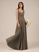 KissDress-Cerelia Willow Green A Line V Neck Chiffon Long Bridesmaid Dress with Pleats
