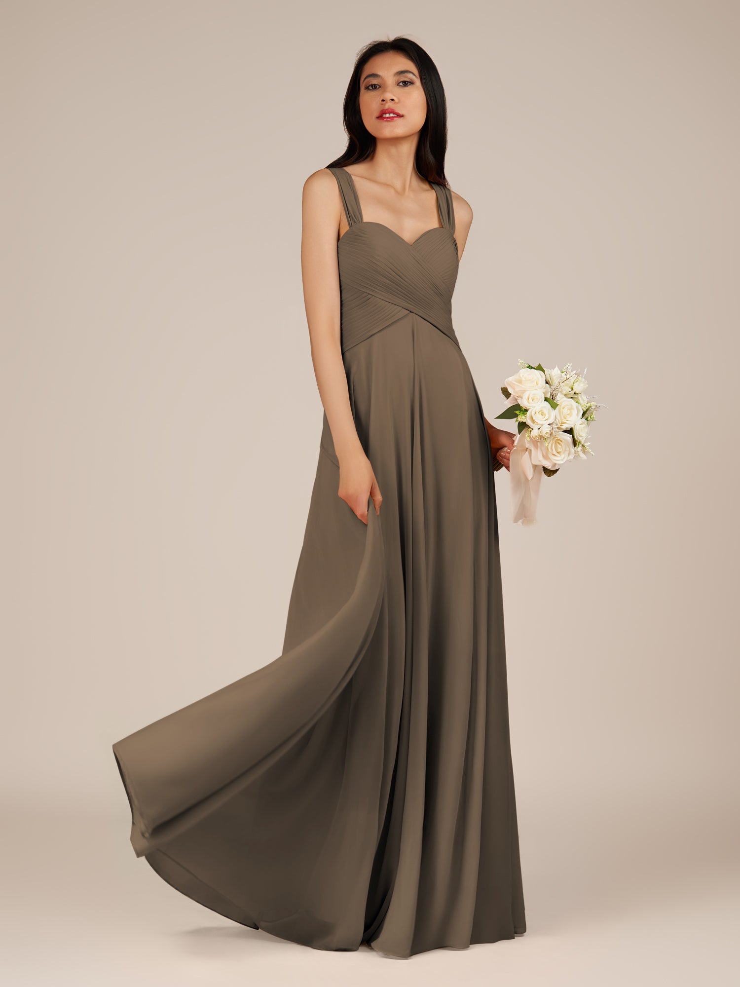 KissDress-Cerelia Willow Green A Line V Neck Chiffon Long Bridesmaid Dress with Pleats
