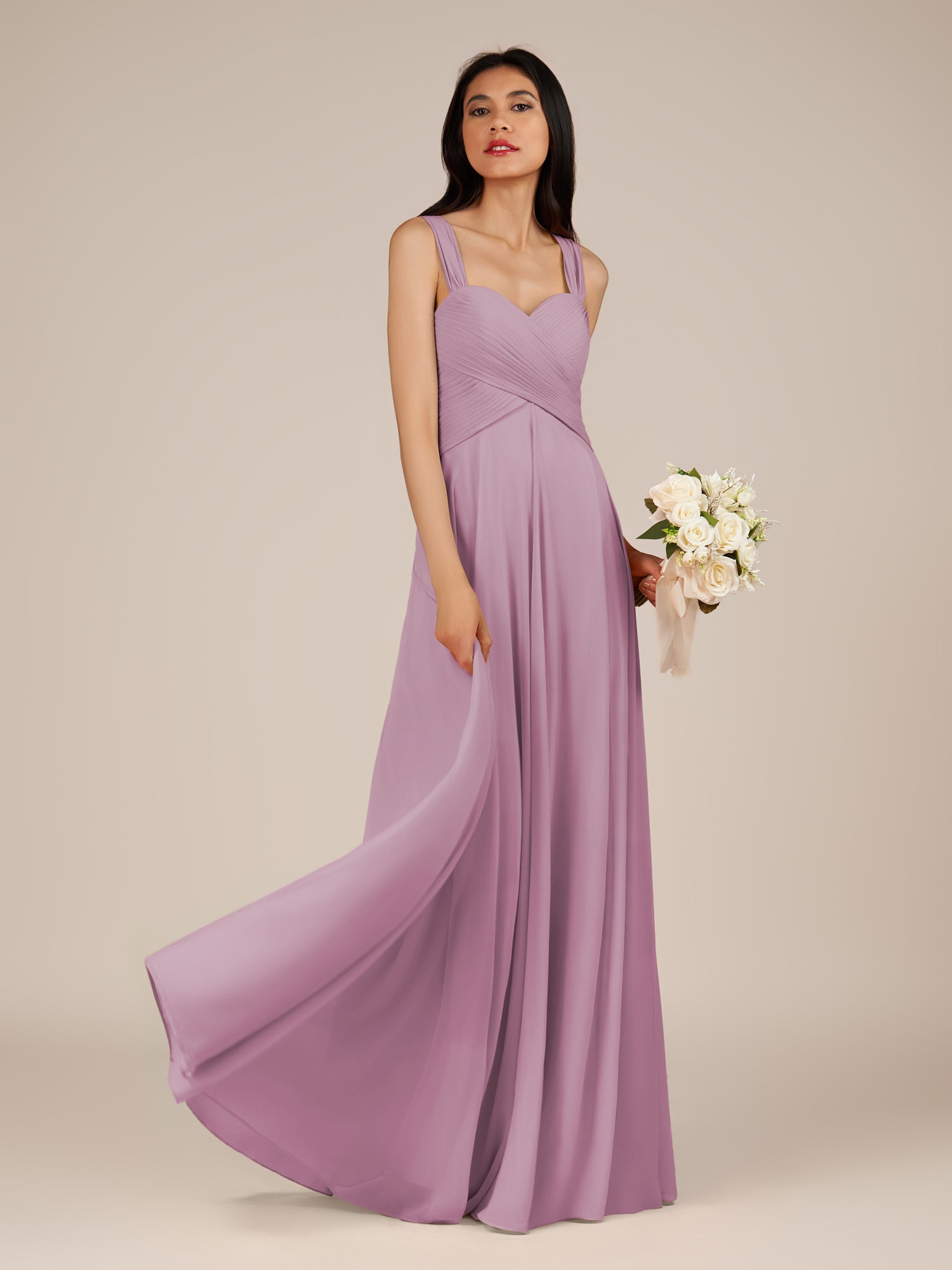 KissDress-Cerelia Wisteria A Line V Neck Chiffon Long Bridesmaid Dress with Pleats