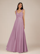 KissDress-Cerelia Wisteria A Line V Neck Chiffon Long Bridesmaid Dress with Pleats